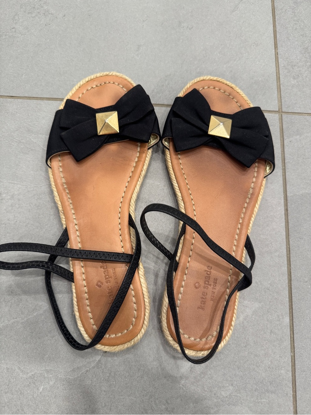 kate spade Black Bow Sandals with Gold Pyramid Accent